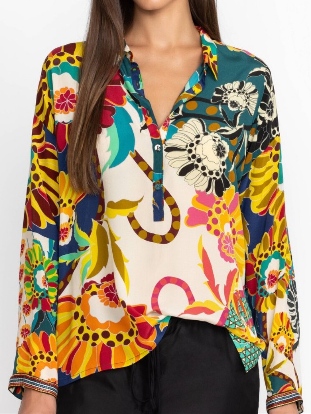 NWT Johnny Was 100% Silk Seline Blouse Vibrant Floral Button-Front Blouse Size M